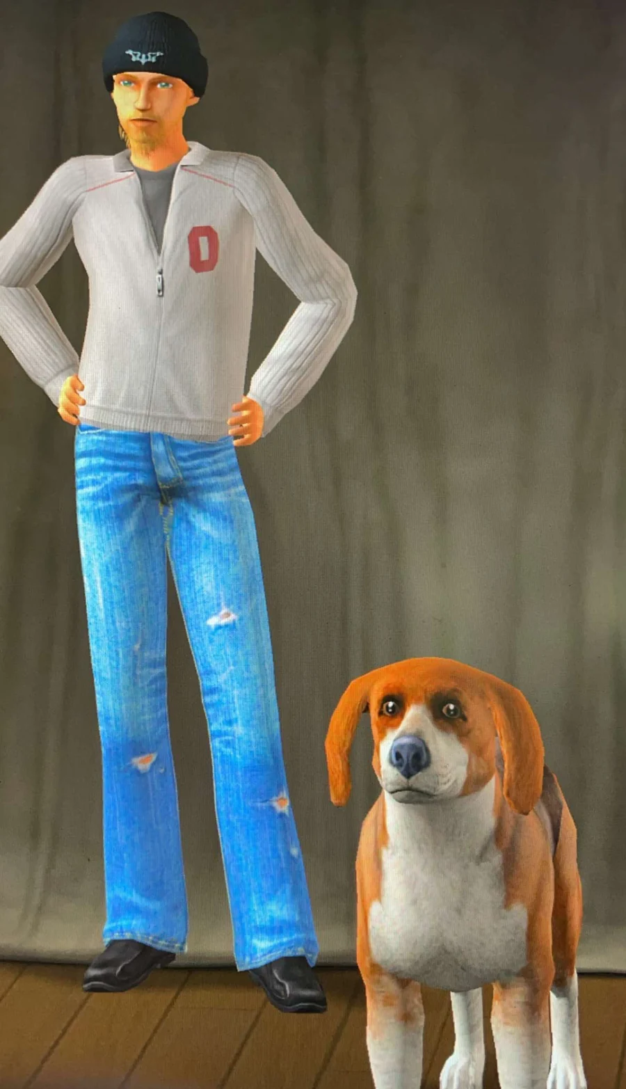 A Sims 2 family portrait: my sim in a beanie, standing next to Jones, a beagle