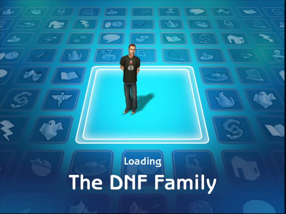 A Sims 2 loading screen reading: Loading The DNF Family
